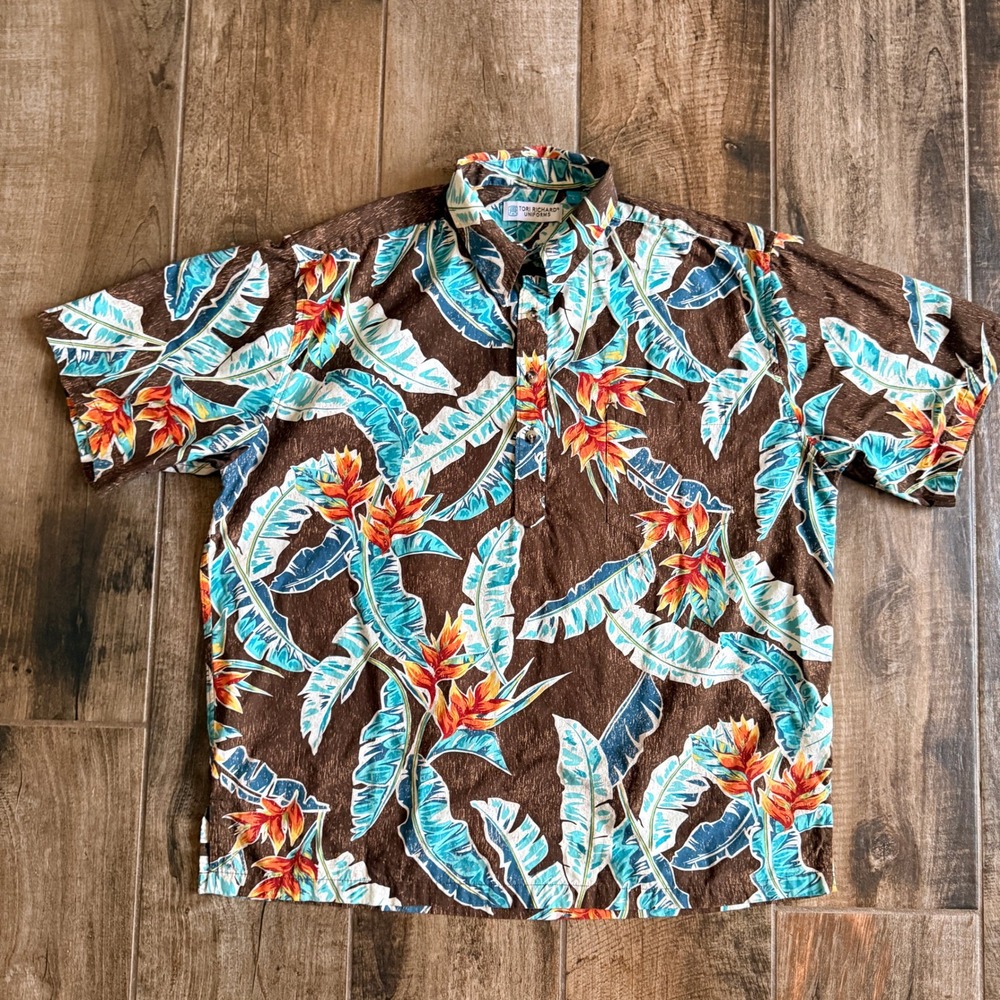 Tori Richard Uniforms Mens Tropical Bird of Paradise Hawaiian Shirt, Brown,L